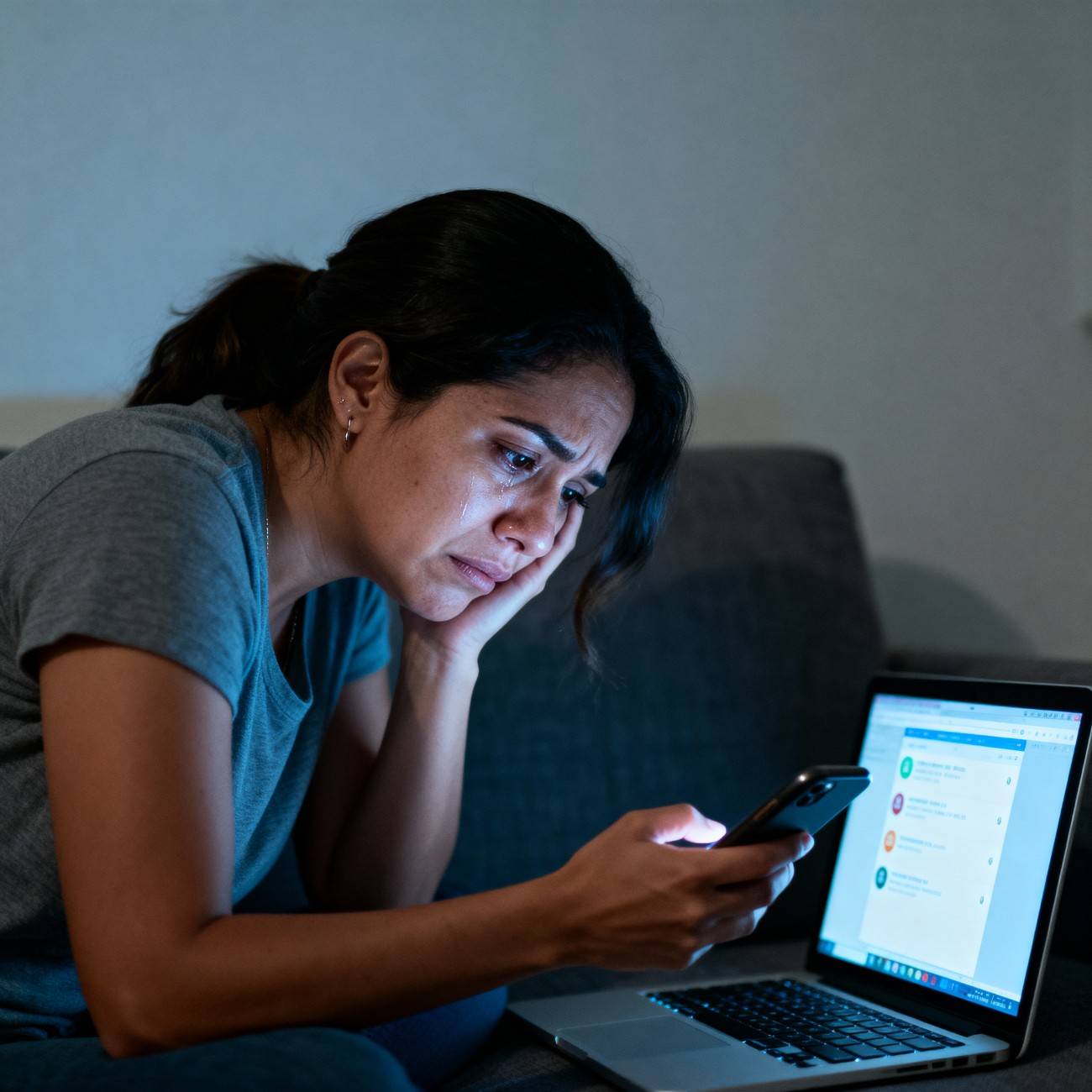 Mujer frustrada frente al laptop